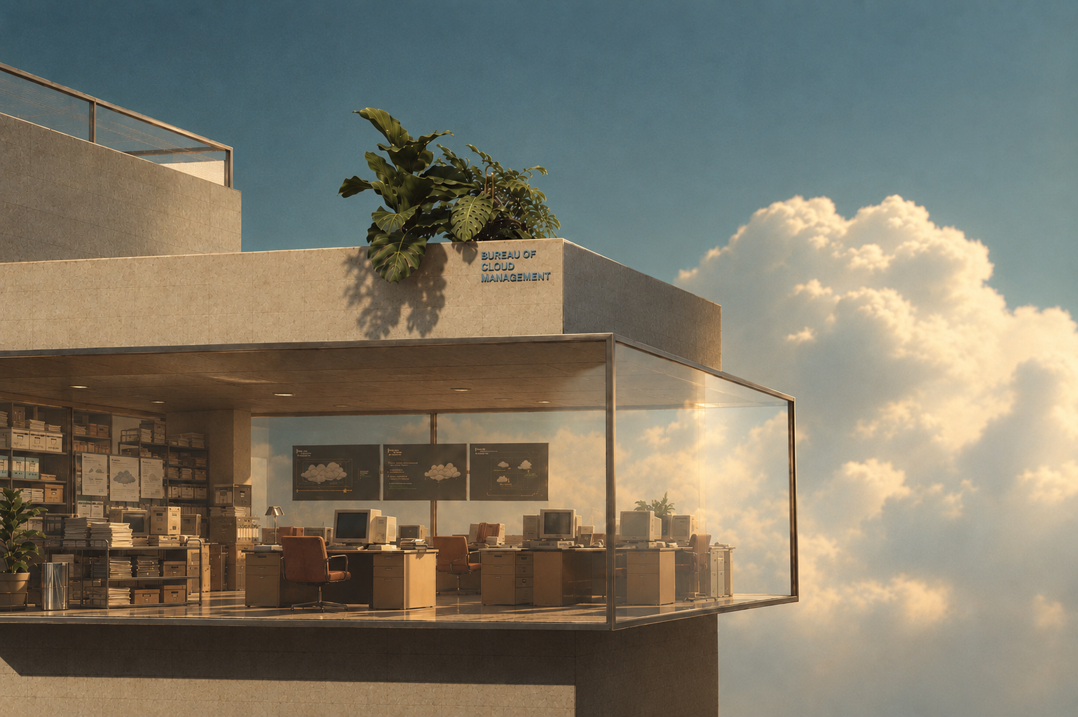 Exterior view of the Bureau of Cloud Management office. 3D rendering, 2021. Images courtesy of the artist