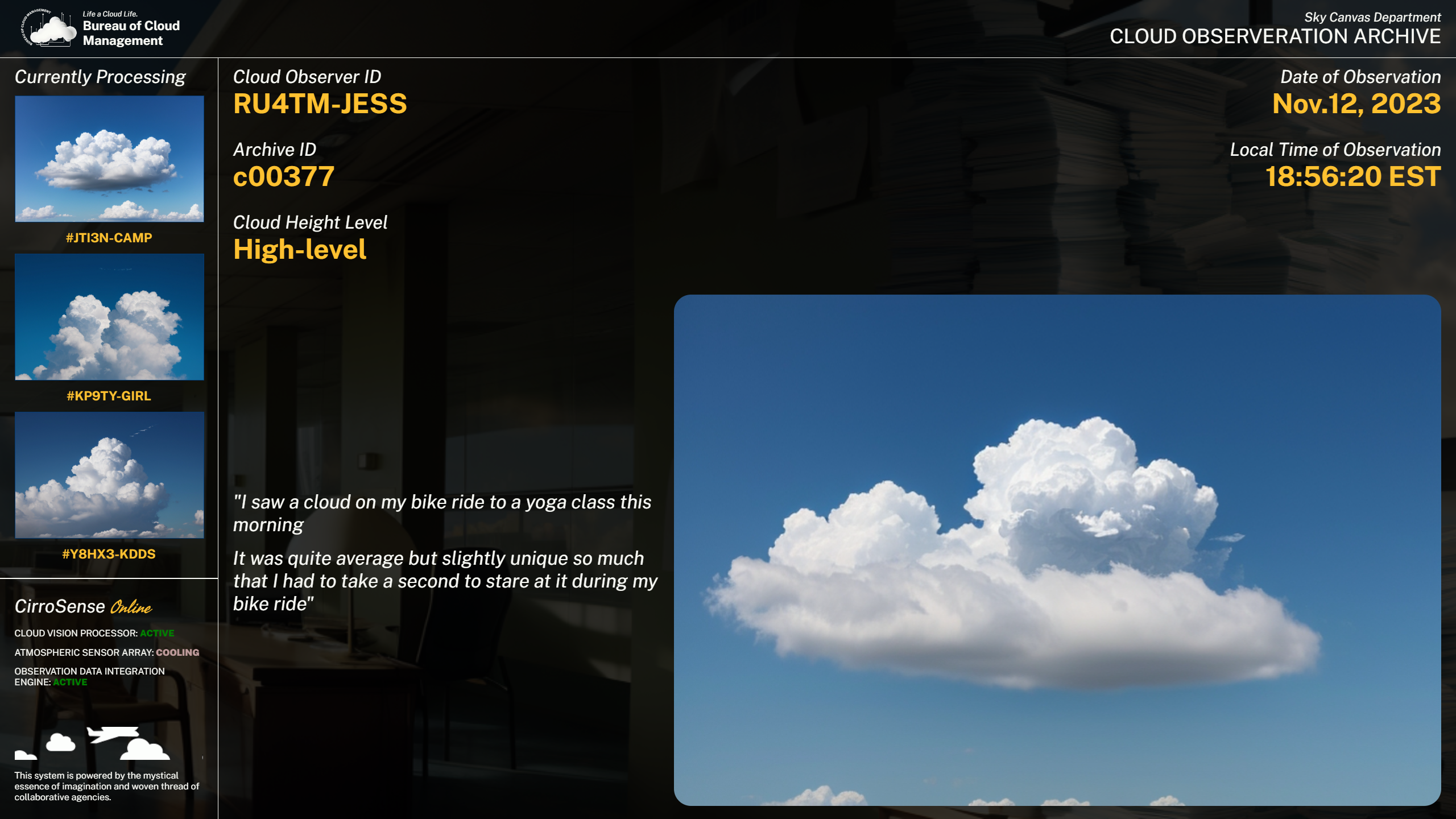 A visitor's memory, rendered by the machine observer into an archived cloud. Bureau of Cloud Management, November 2023. Images courtesy of the artist